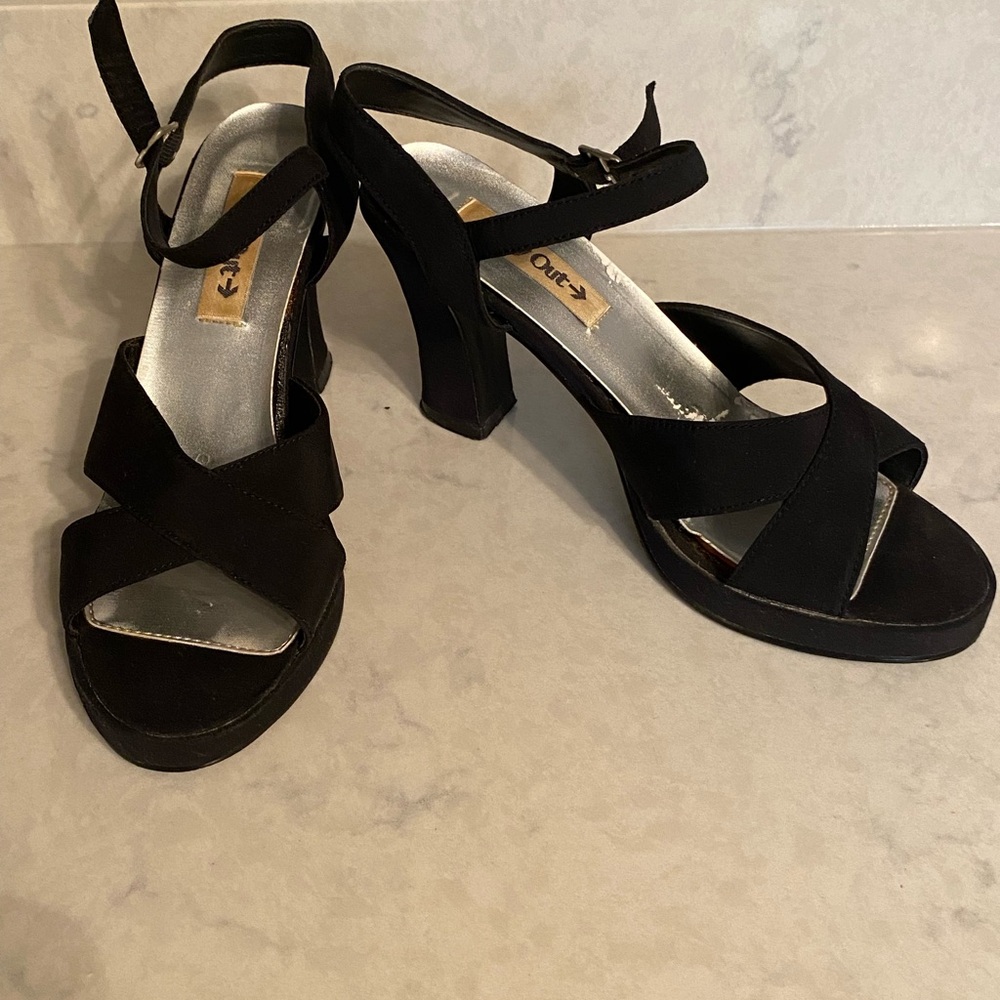 Black ankle strap fabric platform heel